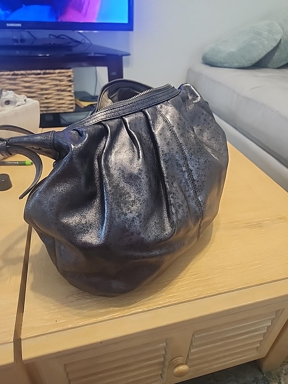 Calvin Klein Black Metallic Gathered Leather Hobo Wristlet